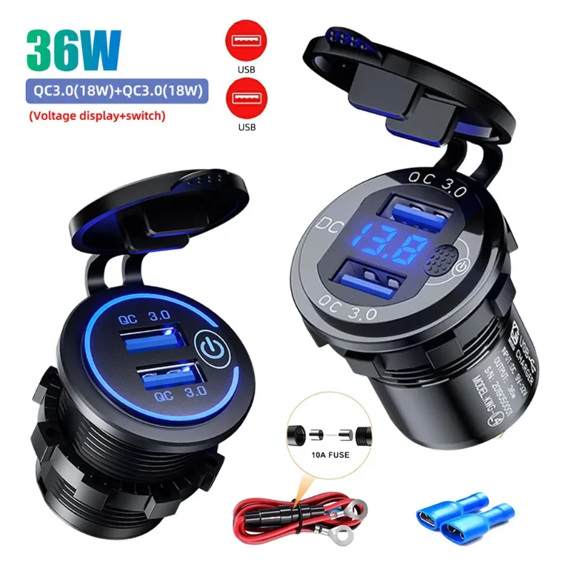 

36W Dual USB Charger Socket Waterproof Fast Charge Adapter 12V/24V QC3.0 Power Outlet with Switch for Car Marine Motorcycle RV