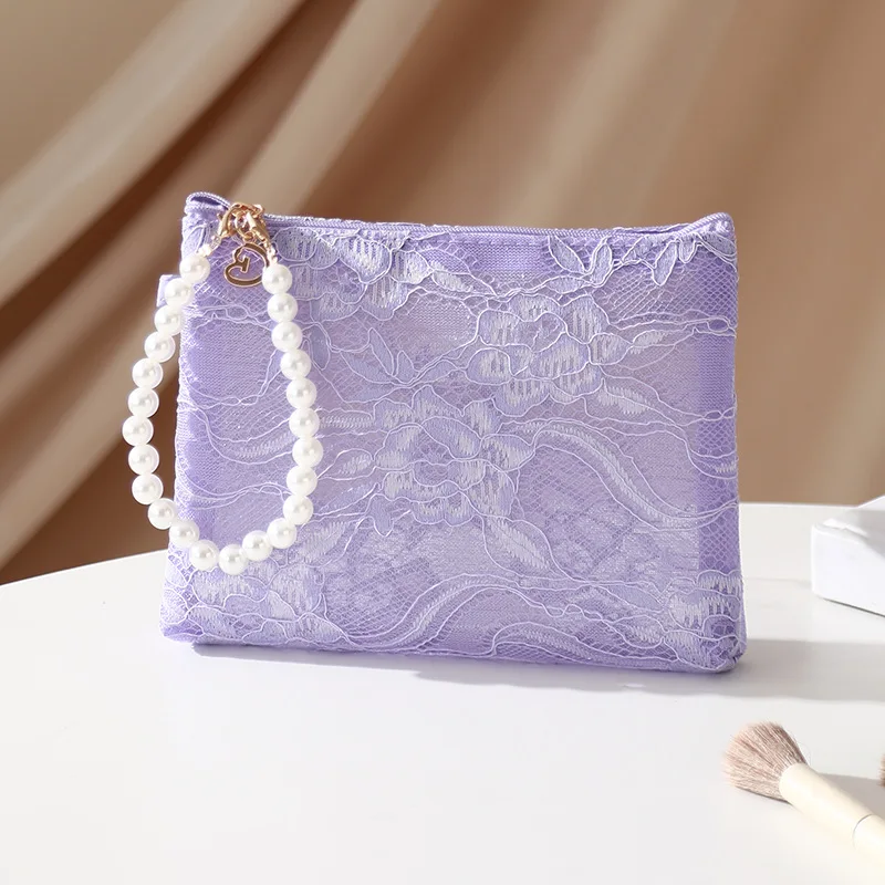 Sweet Cosmetic Pouch with Imitation Pearl Chain Women Lace Small Makeup Bag Travel Organizer Cosmetic Coins Handbag Case