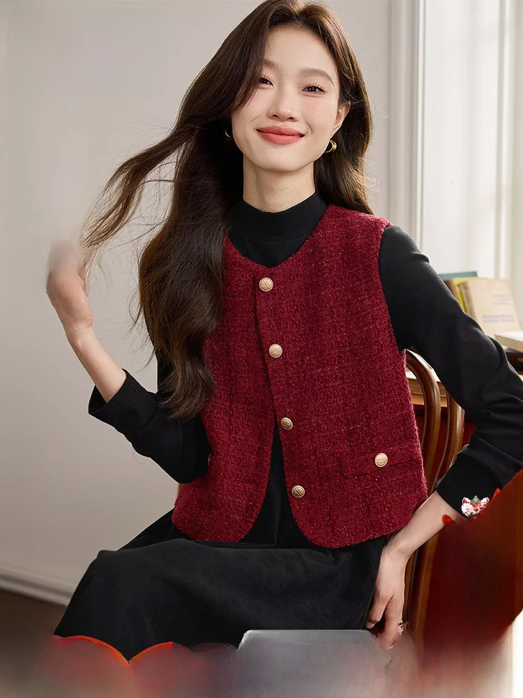 

Новогодний красный шерстяной жилет для женщин, модный универсальный жилет из смесовой ткани (полиэстер и шерсть)