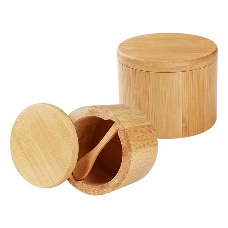 Bamboo Salt Shaker, 2 PCS Salt Box With Built-In Spoon, Salt Bowl With Swivel Lid, Preserving Jar For Spice Storage
