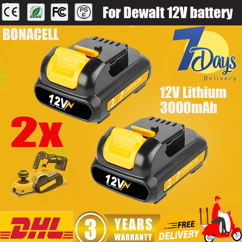 2 PCS for Dewalt 12V Rechargeable 3000mAh 18650 Lithium Replacement Battery For Dewalt DCB120 DCB182 DCB200 DCB609 Tool Battery