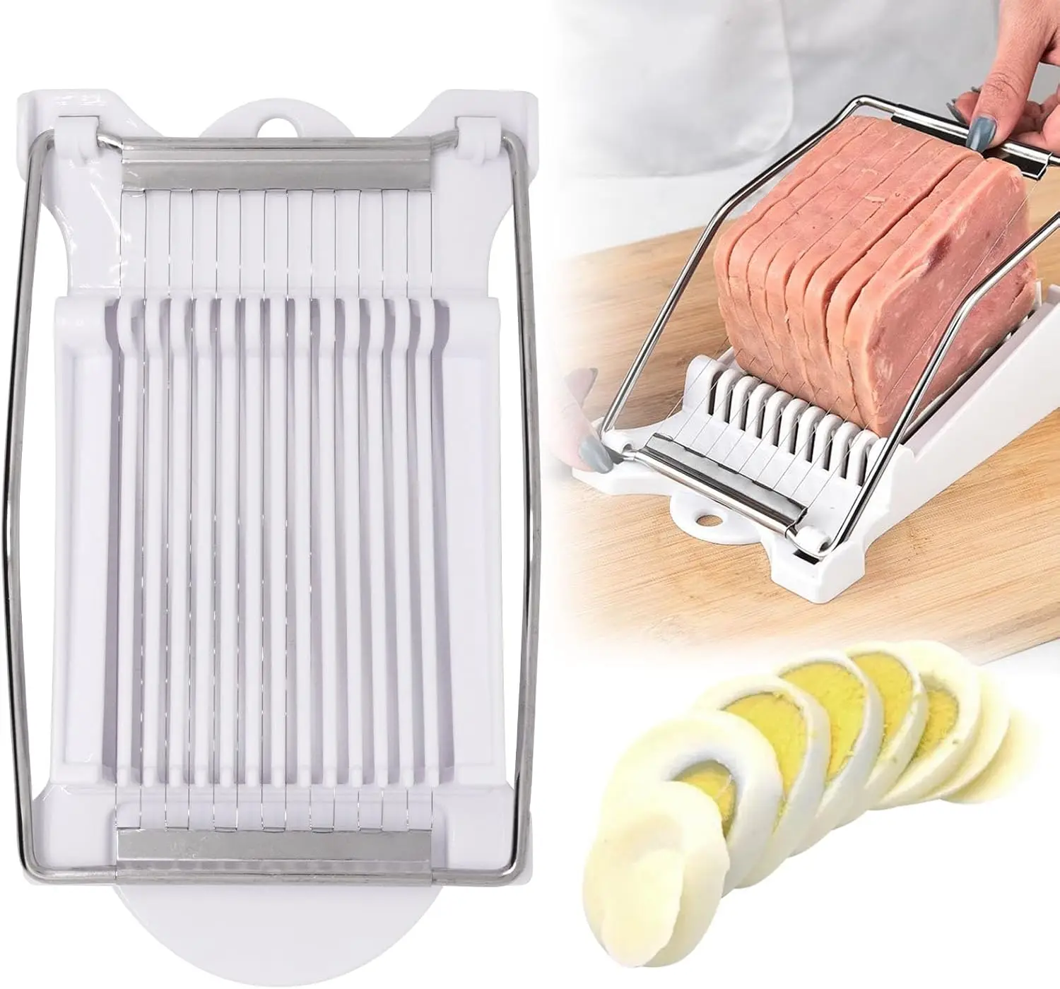 Cortador de huevos y alimentos de 14 alambres, resistente, para huevos, fresas, fiambre, frutas blandas - Blanco