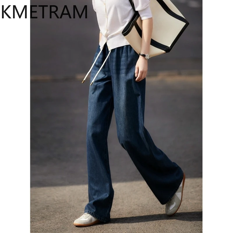 KMETRAM Cotton Lyocell Linen Blend Pants for Woman Dark Blue Wide Leg Jeans Summer Casual Trousers New Women Clothing 2026 штаны