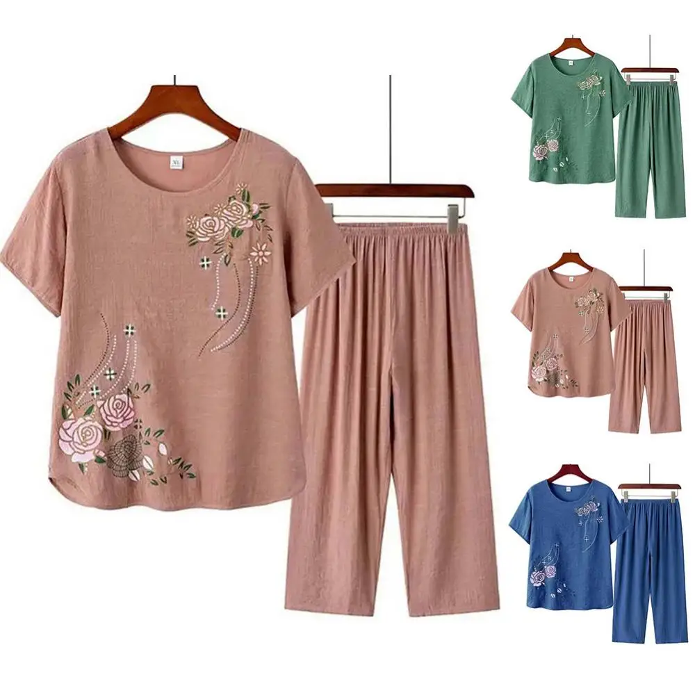 Women Short Sleeve T-shirt Top Pants Floral Print Loose Loungewear Home Outfit Cotton Pajamas Big Size Female Sleepwear Sets