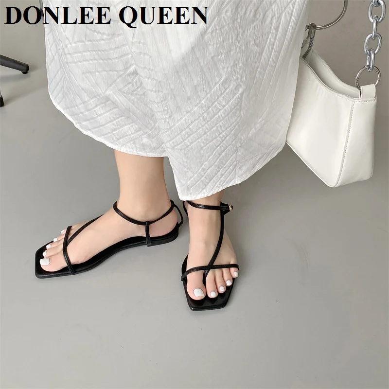 2024 Summer Sandals Women Flat Square Toe Fashion Brand Narrow Band Sandal Casual Slipper Shoes Vintage Open Toe Sandalias Mujer