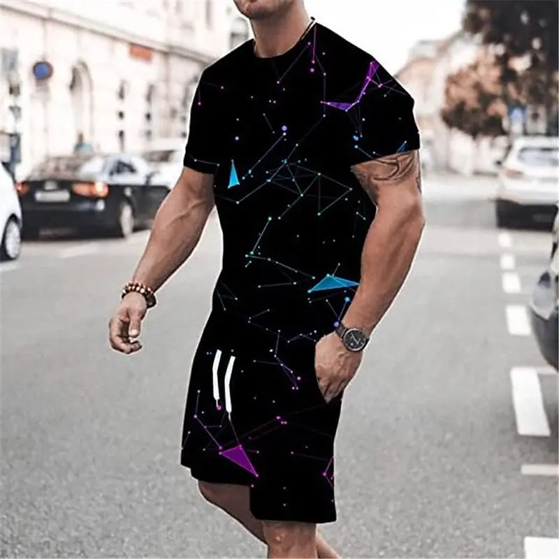 New Summer Men's Shorts  T Shirt Set 3D Color Block Print Sporty Fashion Short Sleeve 2 Piece Breathable fabric