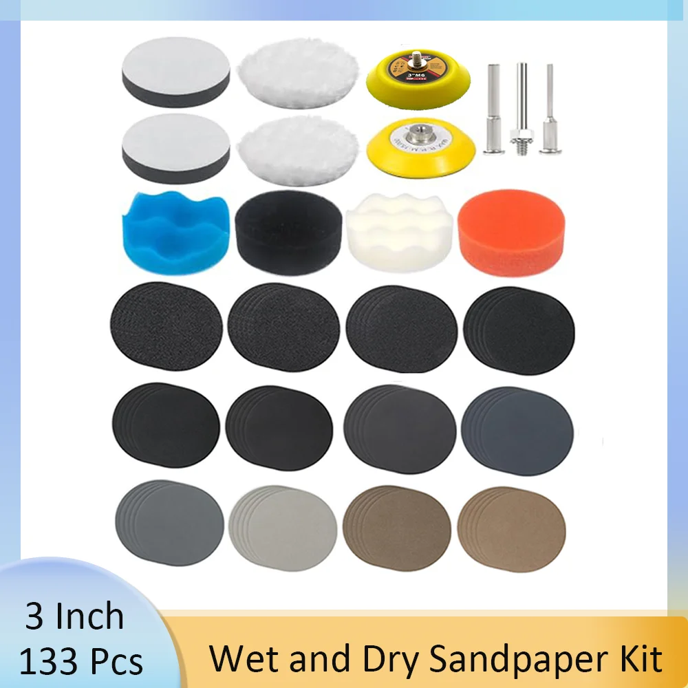 

3 Inch 75MM Wet and Dry Sandpaper Kit 133 Pcs Headlight Restoration Kit Hook Loop Buffing Pads with Rotary Tools for Car Wood