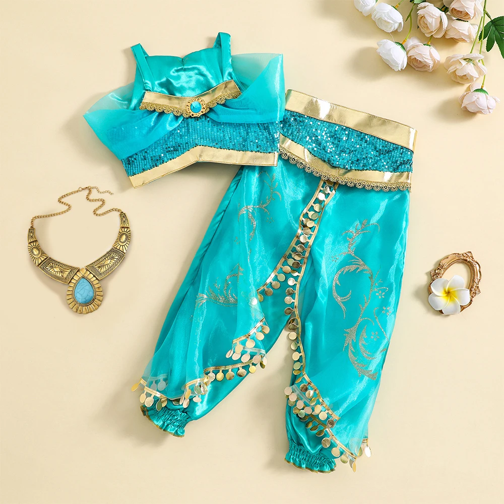 Disney Jasmine Princess Girl Costume 2PC Pants Set Carnival Cosplay Party Aladdin Children Clothing Halloween Performance Dress