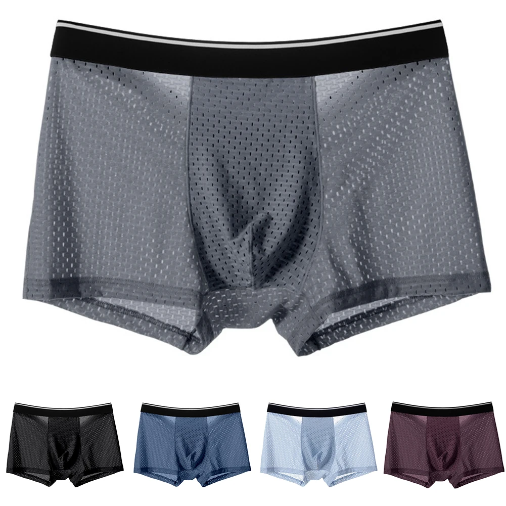 

Men Ice Silk Swimwear Smooth Underwear Mesh Sexy Underclothes Breathable Transparent Boxer Briefs Beachwear Boys Panties