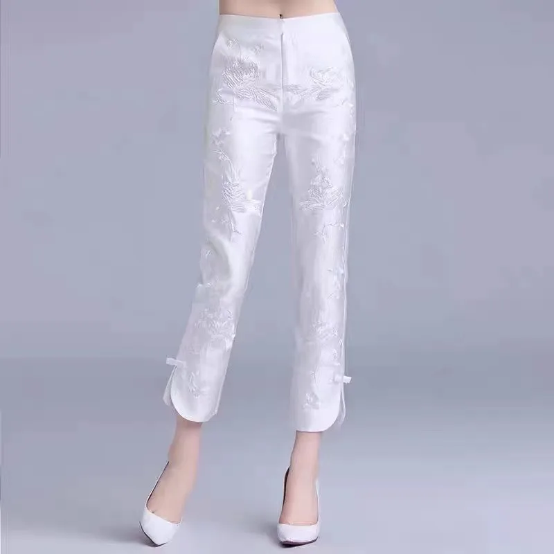 

Женские повседневные брюки с высокой талией из ледяного шелка, эластичные, с вышивкой, винтажные, утягивающие, осенне-весенне-летние, новые, модель Eighteen P