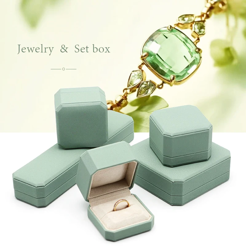 High End Jewelry Box Octagonal Light Green Ring Box Necklace Bracelet Earring Faux Leather Velvet Display Packaging Box