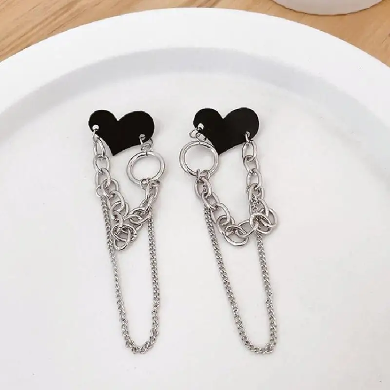 925 Silver Needle Trendy Black Peach Heart Earrings Long Chain Earrings Personality Sweet Cool Wind Earrings Women's Jewelry