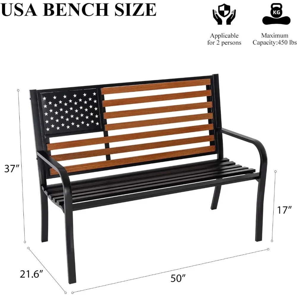 Garden Benches 3 Seat, Cast Iron Metal Frame, American Flag Backrest and Weatherproof Seat, Outdoor Benches