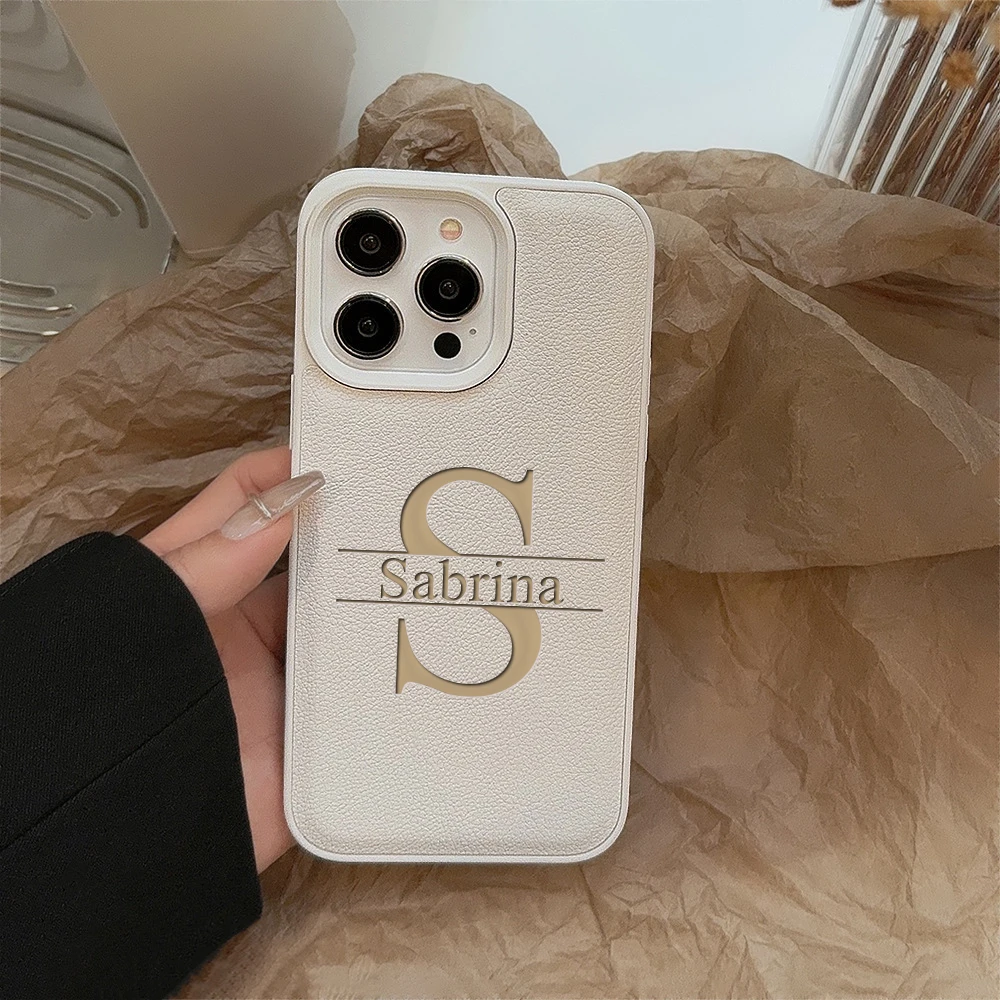 

Luxury Laser Engraving Big Letter Personalized Customized Name Case For iPhone 16 15 14 13 12 11 Pro Max Plus Soft Leather Cover