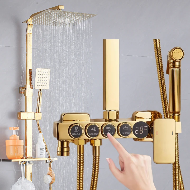 

Золотой цифровой душевой набор, 12-дюймовая насадка для душа с дождевой насадкой, латунный смеситель для ванной комнаты с горячей и холодной водой, аксессуары, термостатическая душевая система