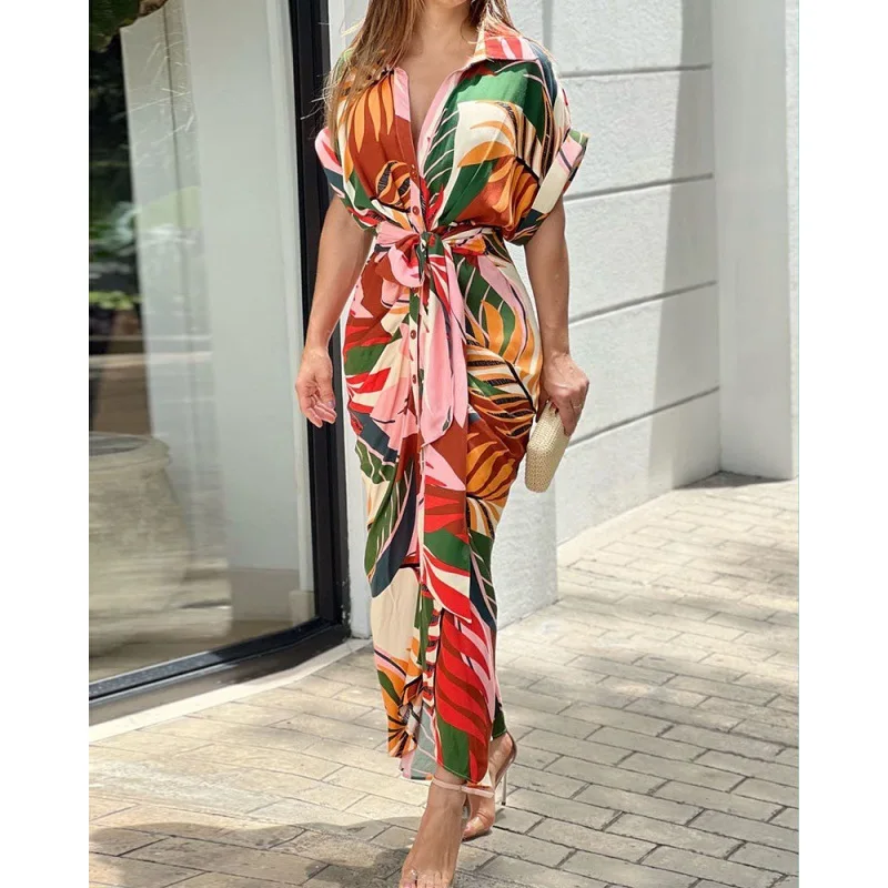 Dress Women\'s New Summer Fashion Printed Lapel High Waist Sleeve Shirt Dress Lace-Up Short Sleeve Dress Women