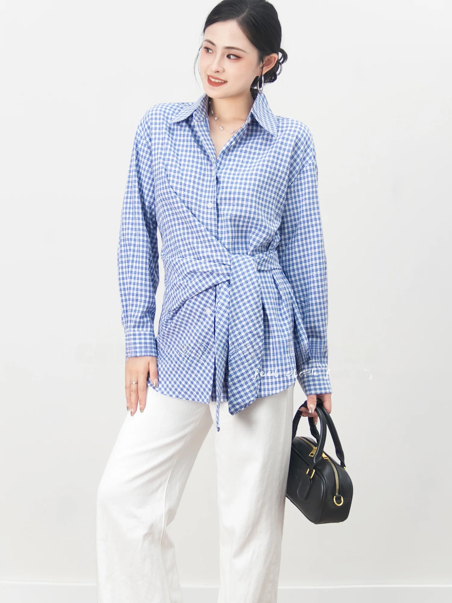 chelzy-coreen-plaid-irt-femmes-automne-nouveau-design-sens-strass-ceinture-taille-longue-sve-blouse-haut-faion-vetements-de-travail