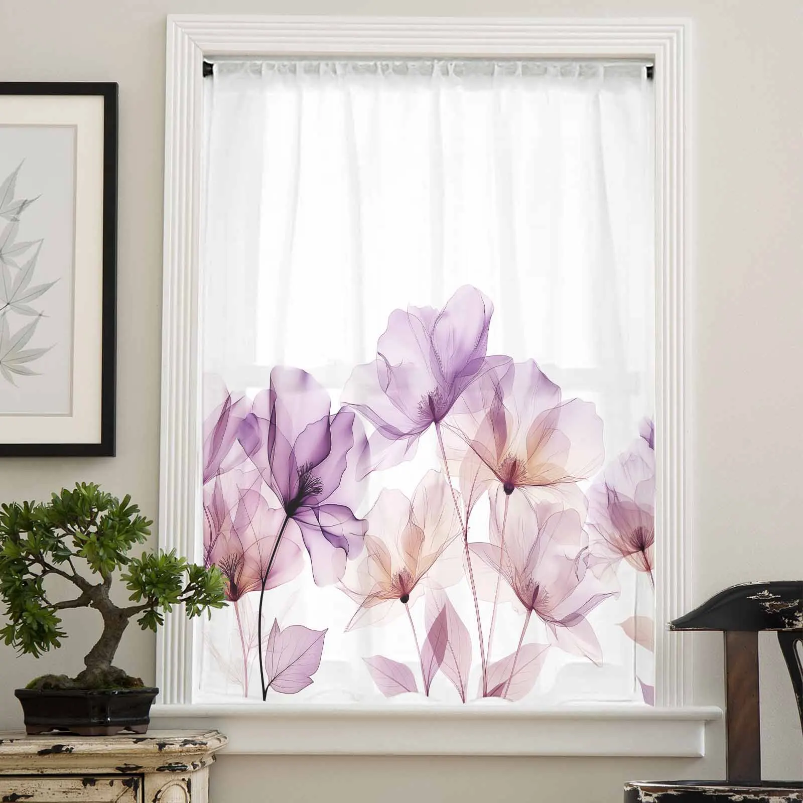 Minimalist Floral Watercolor X-Ray Sheer Curtains for Living Room Bedroom Window Treatment Kitchen Chiffon Curtain