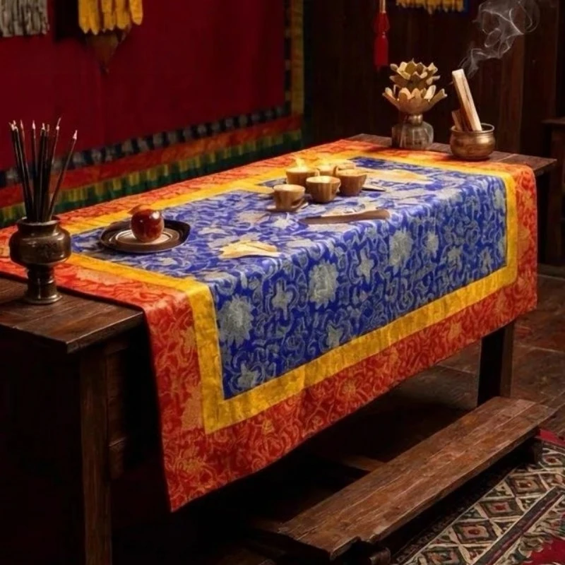 Tibetan-Style Tablecloth Decorative Scripture Mat Fabric Embroidered Rose Guru Offering Tablecloth Dharma Offering Altar Cloth