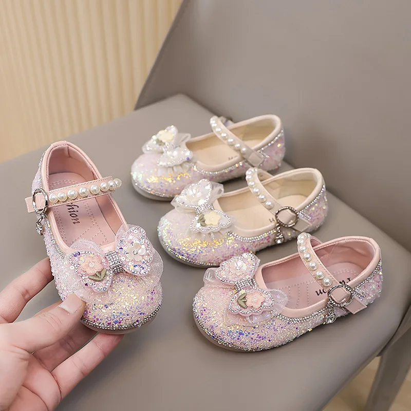 

2025 New Female Baby Butterfly Knot Water Diamond Shining Princess Shoes for Girls Pink Small Leather Shoes Square Mouth Shoes
