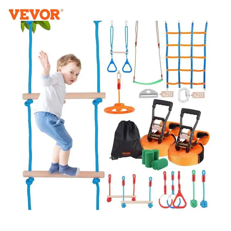 VEVOR 2x50/56/60/65FT Ninja Warrior Obstacle Course for Kids Weatherproof Slacklines 500lbs Weight Outdoor Playset Equipment