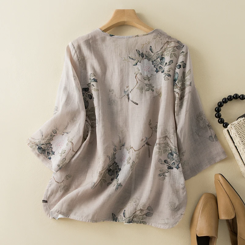 Chinese Stijl Damesblouses Zomer-Hals Kleding Nieuwe Korte Mouwen Tops Vintage Losse Katoenen Linnen Prints Shirts