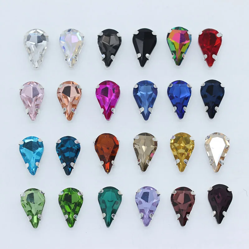 5-13MM 24-Colors Sew on Water Drops Rhinestone Crystal Silver Claw Button Teardrop For Jewelry/Wedding Dress Bags Shoe Diy Trim