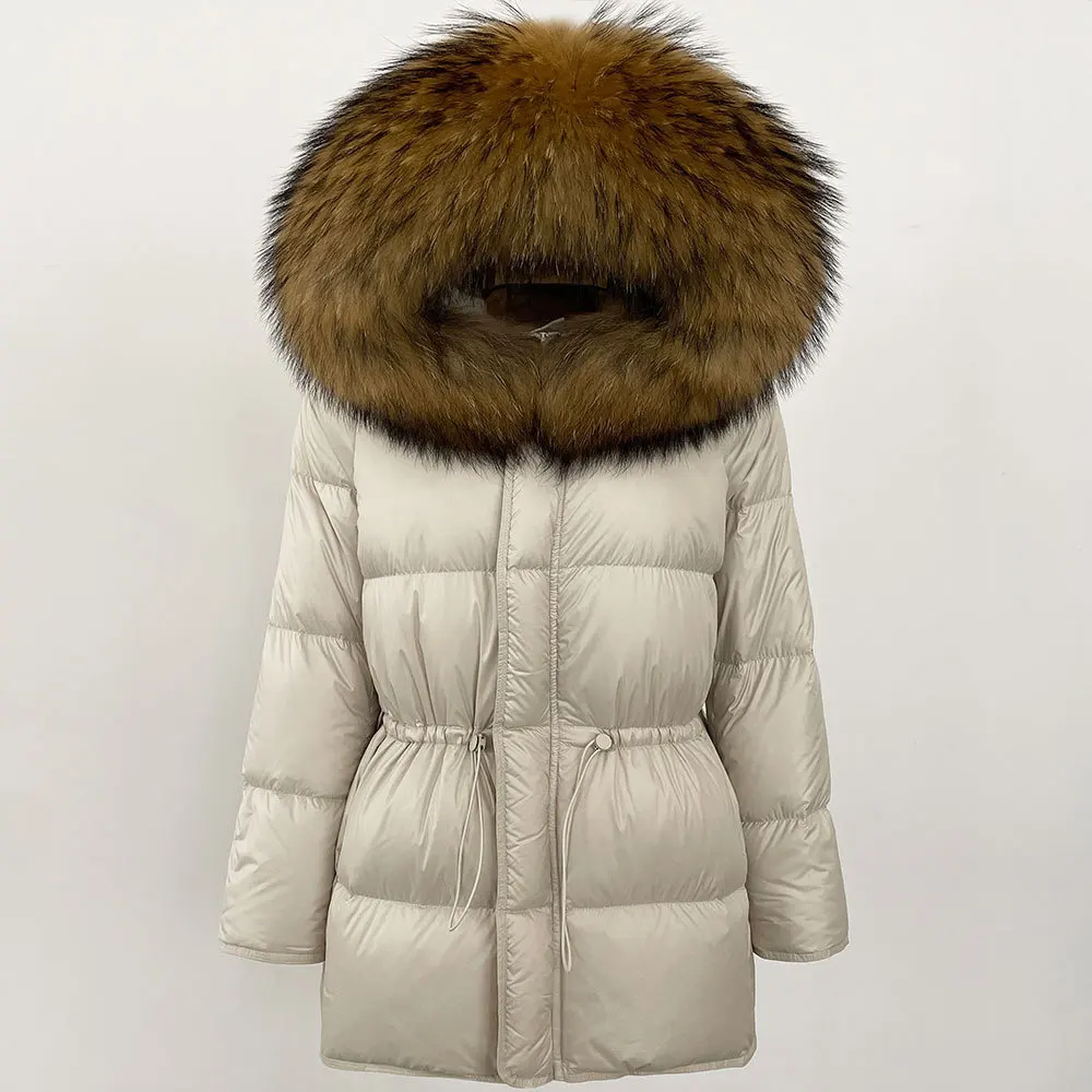 Veste en duvet de canard blanc pour femme, col en fourrure de renard, surdimensionnée, épaisse, mi-longue, à capuche, taille, hiver