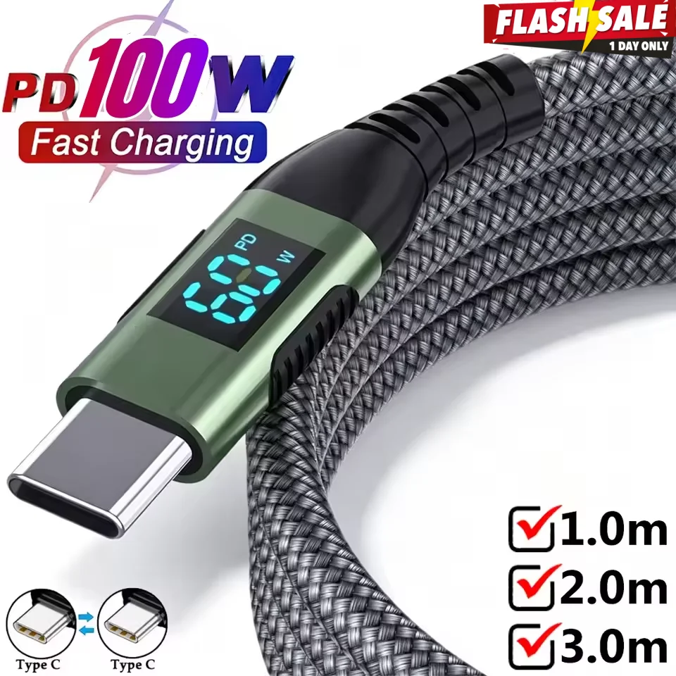 100W USB C To USB C Cable Type C PD 6A Fast Charging For LED Display Nylon Braided Charger Cord For Iphone16 15 Ipad 2026