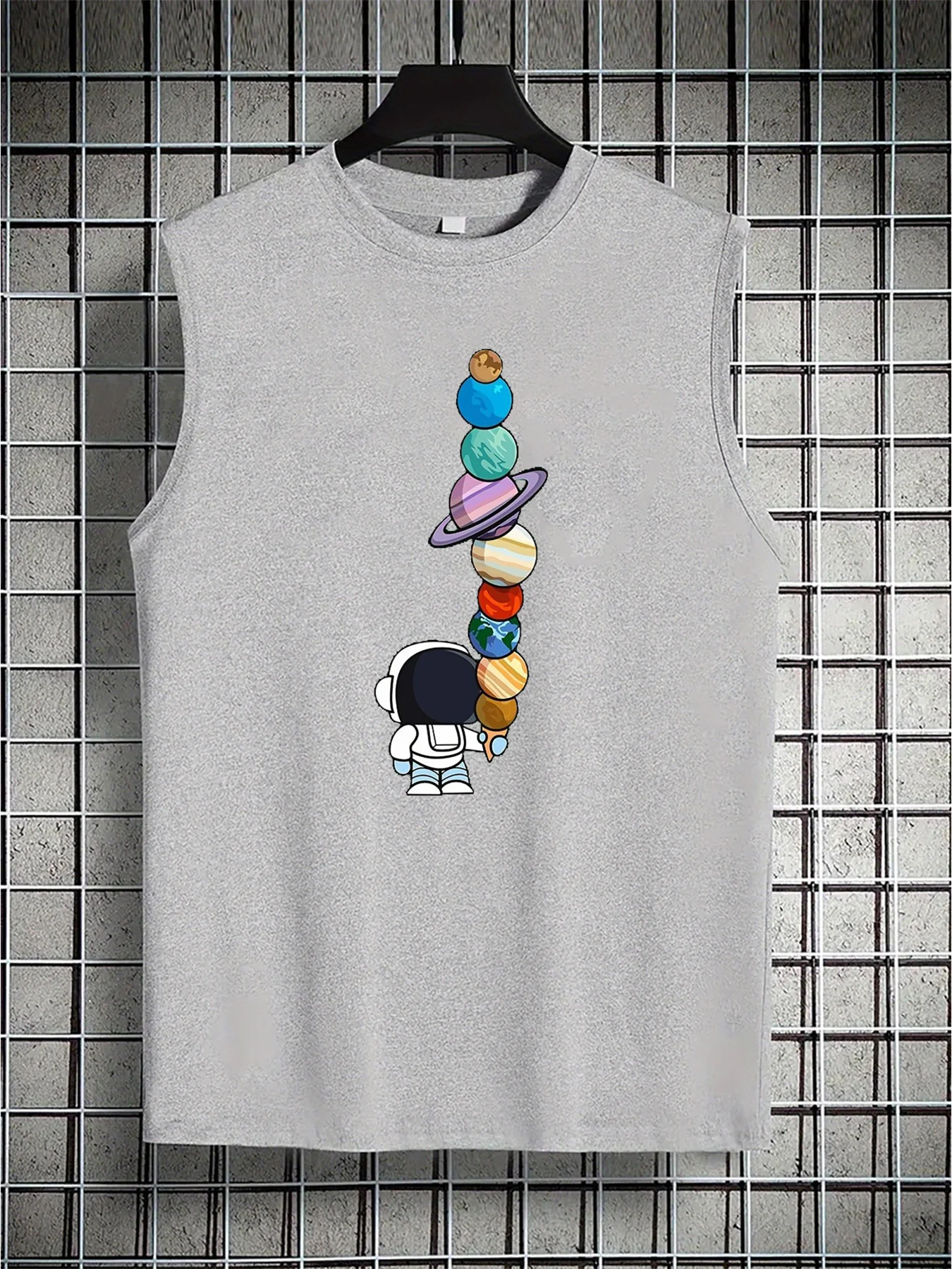 

Pop Men's Summer Leisure Sports Fitness Loose Cartoon Astronaut Pattern Printed Comfortable Breathable Round Neck Sleeveless Tan