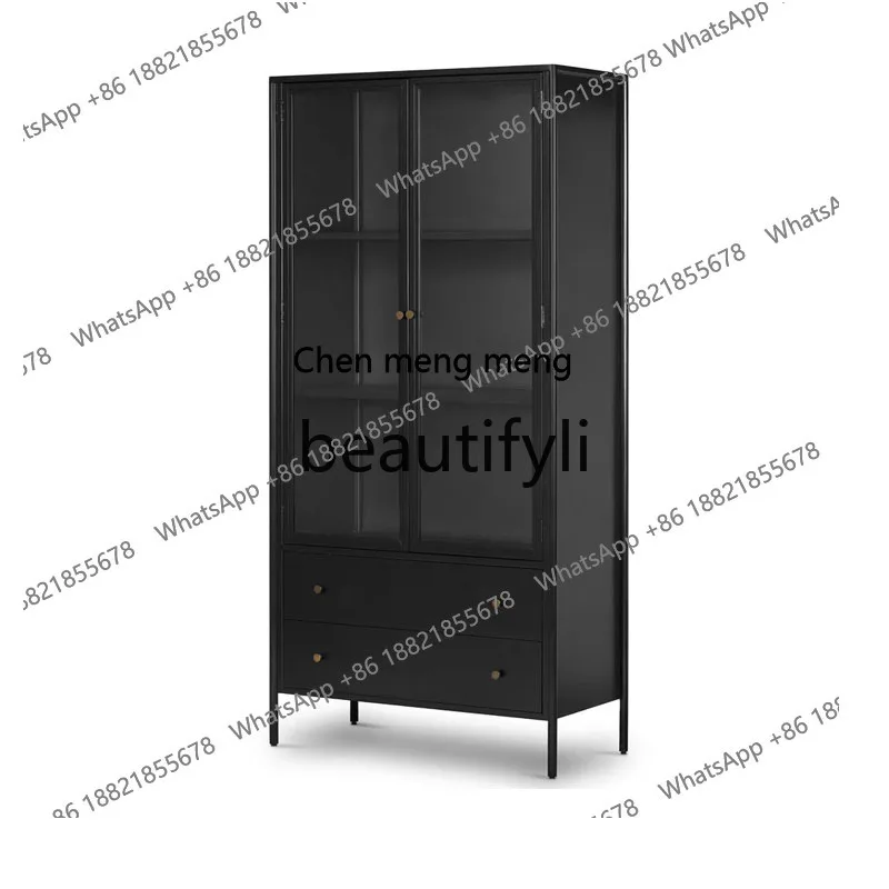 American light luxury solid wood bookcase, living room floor bookshelf wine cabinet French retro two-door display cabinetH