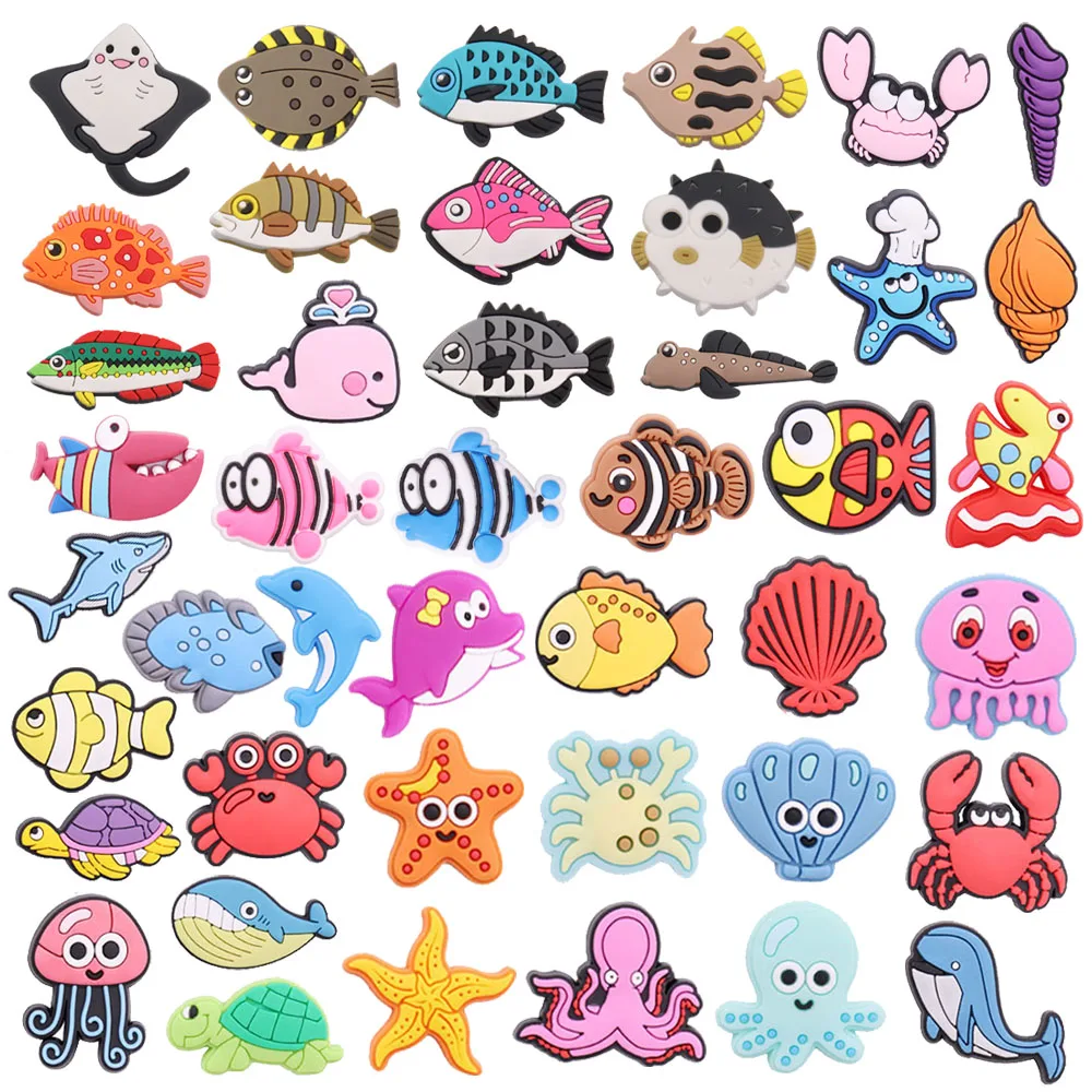 Mix 50pcs PVC Shoe Charms Wristbands Turtle Octopus Starfish Sea Animal Seaweed Deep-sea Fish Hole Slipper Decoration Kid Gift