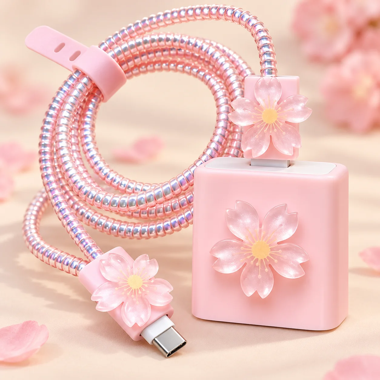 Pink Cherry Blossom Charger Protector Set for Apple 18W/20W Power Adapter, with Cable Connector Covers, Spiral Cable Wrap