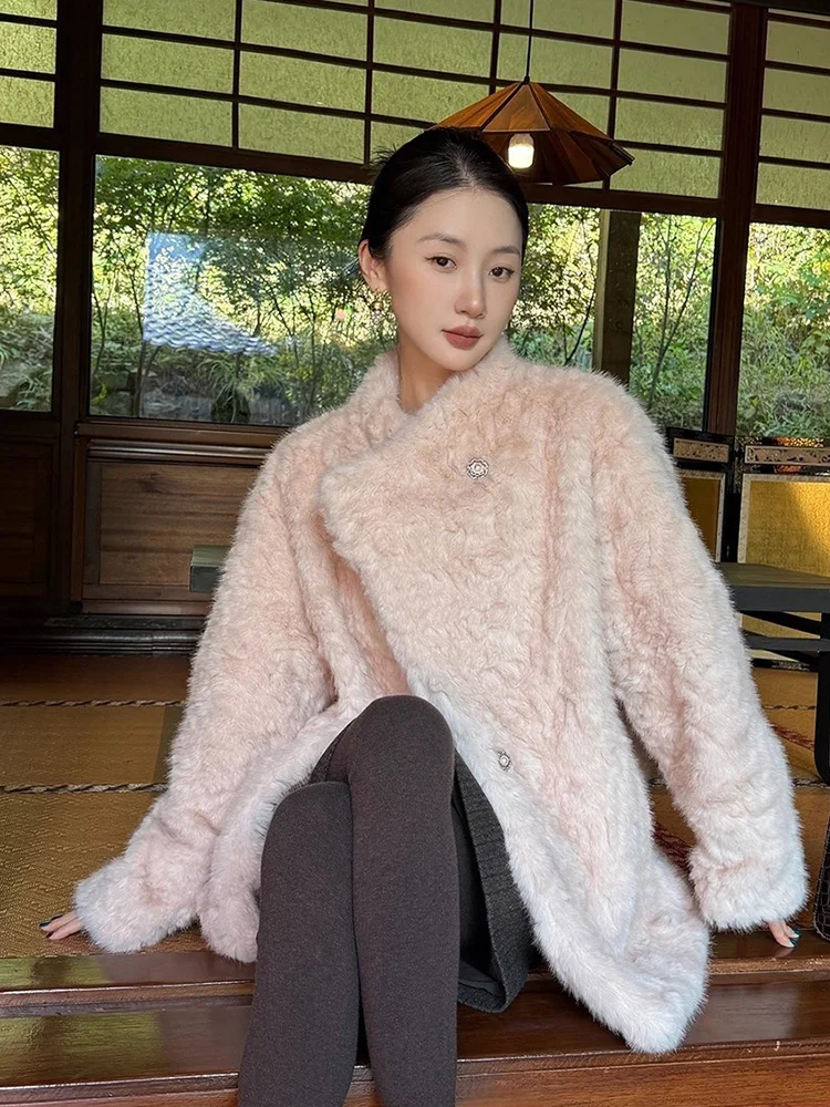 Cute Pink Faux Rabbit Coat Women Elegant Sweet Long Sleeve Thick Warm Jacket Winter Vintage Faux Fur High Quality Outwear Tops