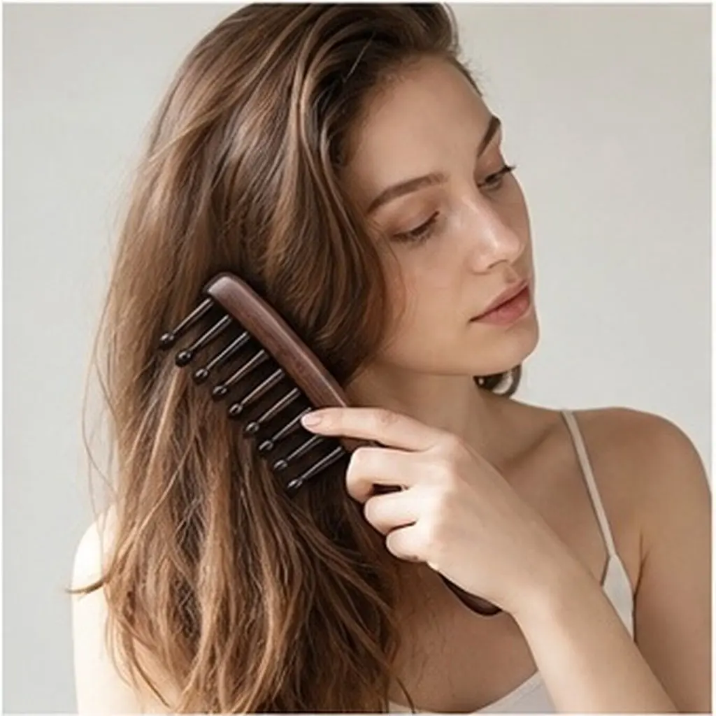 Wooden Wide Tooth Hair Comb Natural Sandalwood Material Detangling Comb for Curly Hair Scalp Massage Comfort Grip Rounded Teeth