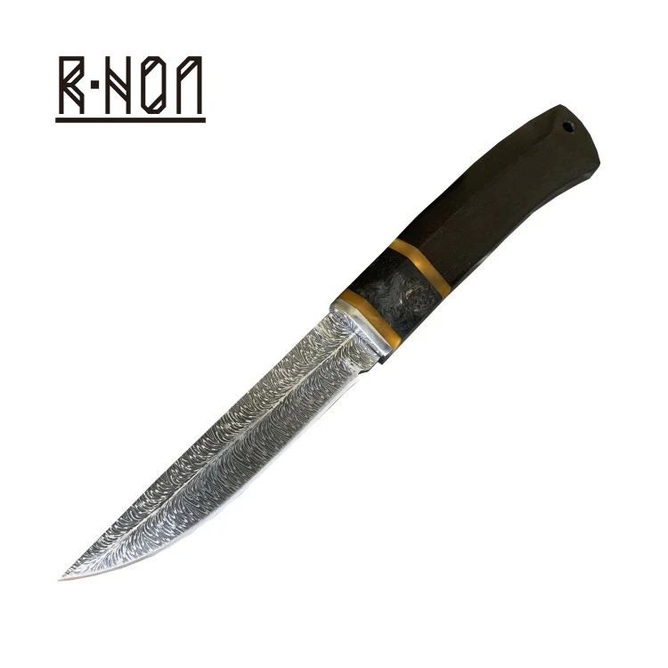 RHON 3.85inch High Carbon Outdoor S/S 9Cr18 Fixed Blade Knife Etched Feather Pattern BBQ Camping Straight Knives Wooden Handle