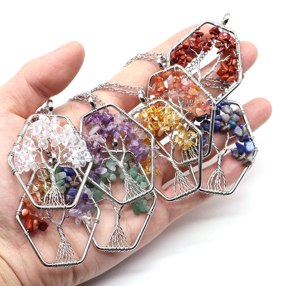 50x41mm Fashion Charm Wisdom Tree of Life Gravel Stone Pendant Necklace Natural Reiki Healing Crystal for Women Jewelry Making