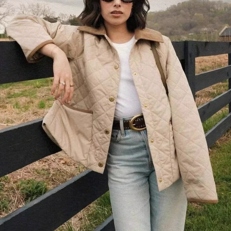 Autumn Winter 2025 Lapel Plaid Cotton-padded Jacket Women Vintage Contrast Stitching Buttons Warm Coat