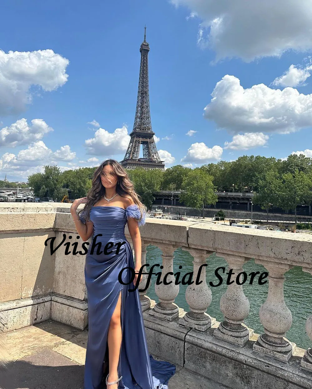 Viisher Blue Mermaid Evening Dresses Feather Off Shoulder Pleats Satin Long Formal Prom Dress with Train Arabic Evening Gowns