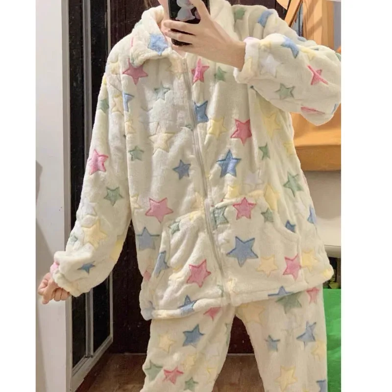 Y2k Colorful Star Pajamas Set Women Long Sleepwear Female Cute Winter Flannel Plush Thick Zipper Pijama Outerwear Home Clothes