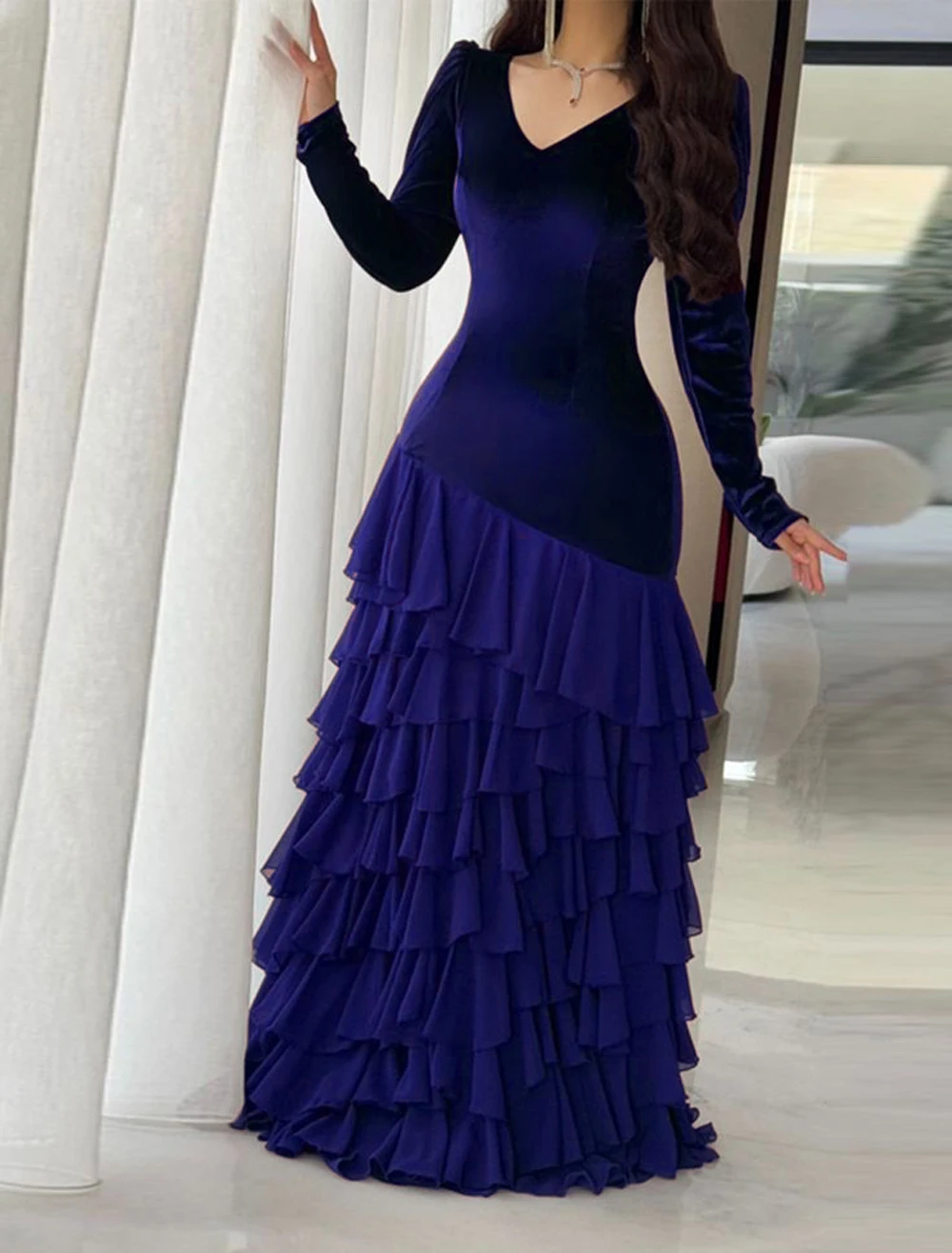 アラビアイブニングドレス長袖ティアードマーメイドウエディングドレスオンブルドレスvestidosデガラローブド夜会