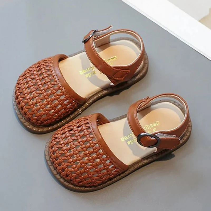

Summer Knitted Sandals For Girls Toe Protection Children's Princess SHoes Anti-slippery Waterproof Beach Footwear For Kids