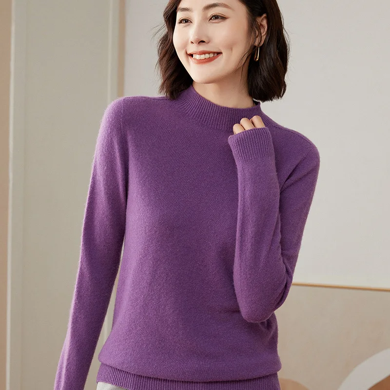 2023 New Cashmere Sweater Women's 100% Pure Wool Casual Half High Collar Solid Color Pullover Autumn and Winter Women's Sweater