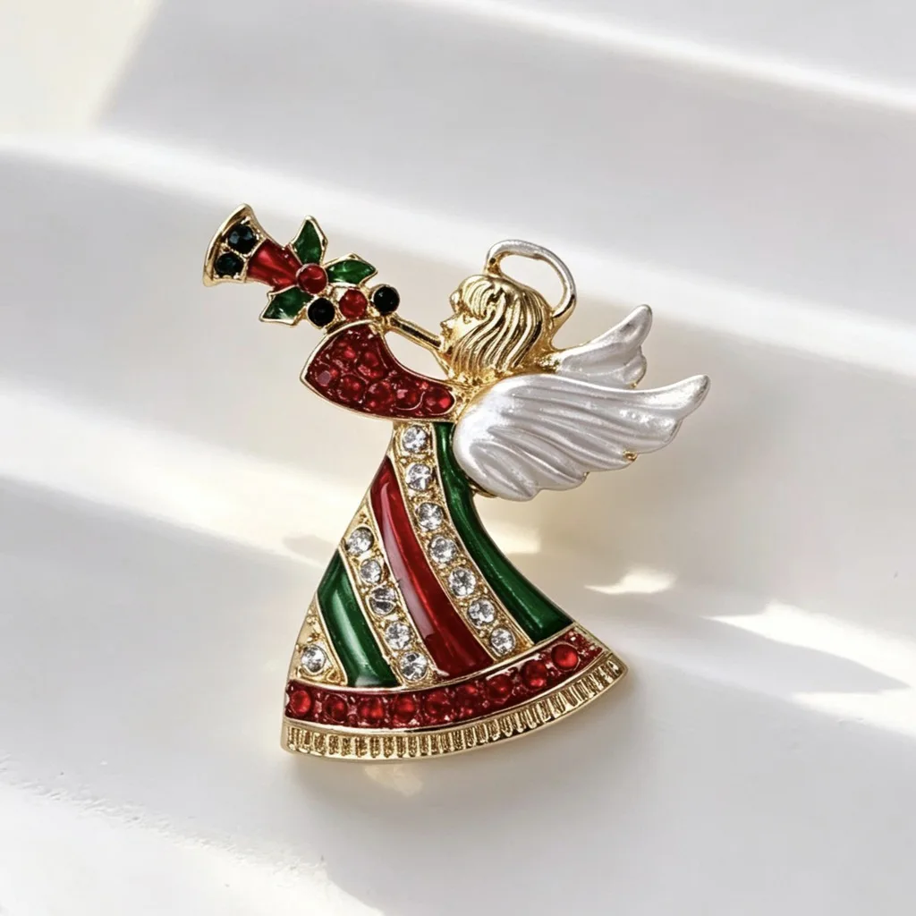 Christmas Angel Blowing Horn Brooch Enamel Rhinestone Alloy Fashion Accessory For Holiday Daily Outfit Decoration