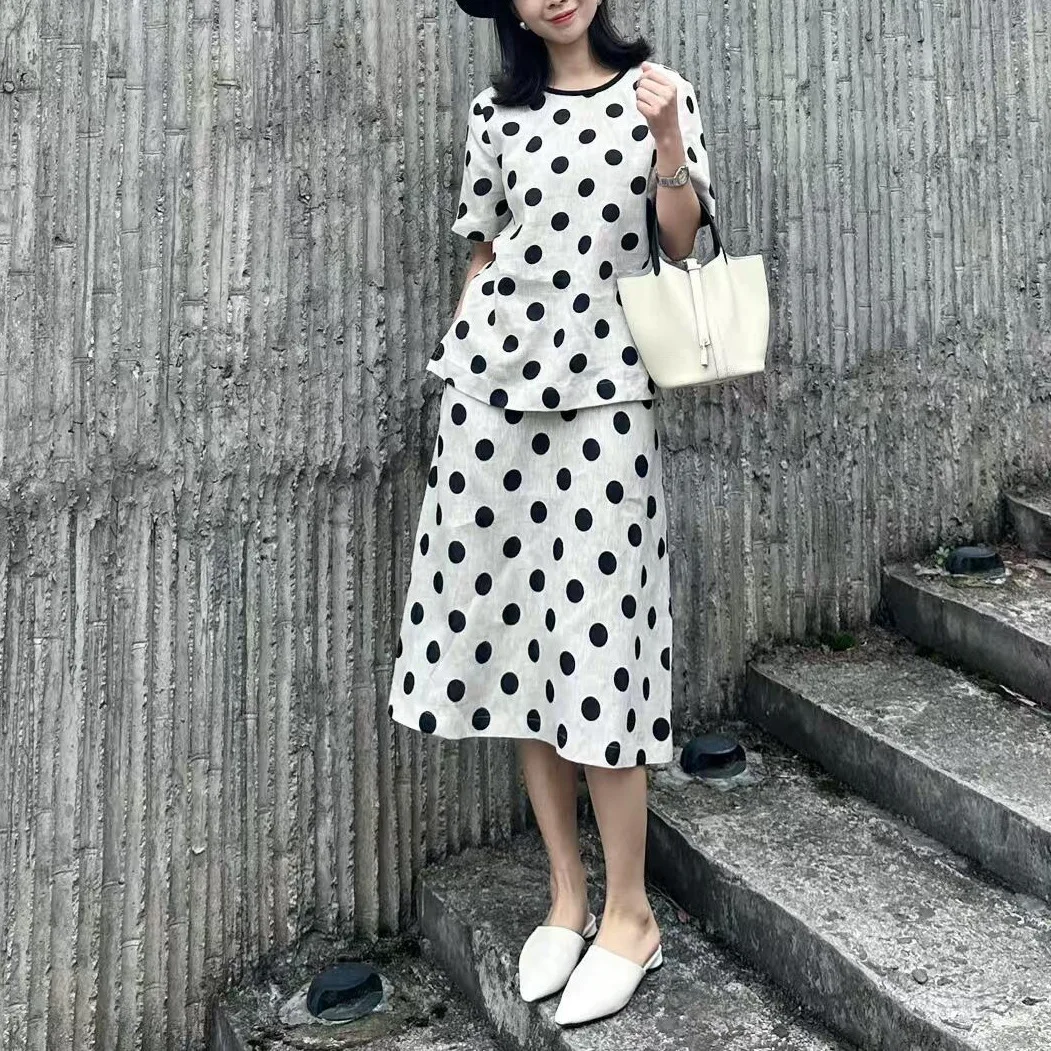 Polka Dot Print Anzug Twill Leinen Kurzarm Top Sommer Casual Rundhals T-Shirt Vintage Polka Dot Rock