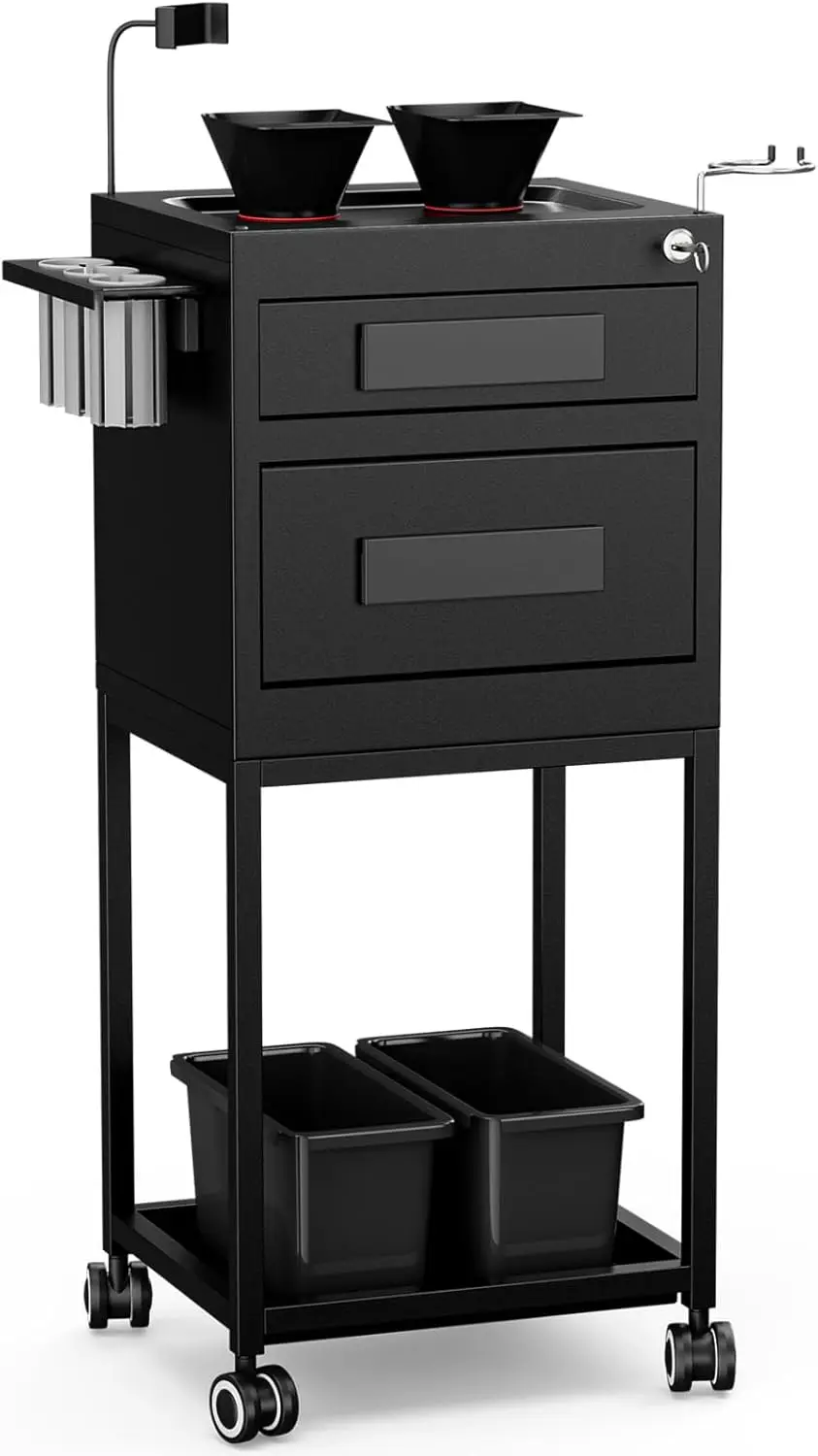 Salon Trolley Cart for Hair Stylist, 2 Lockable Drawers, 2 Storage Baskets, 2 Magnetic Hair Color Bowls, Hairdryer & Tools & Pho