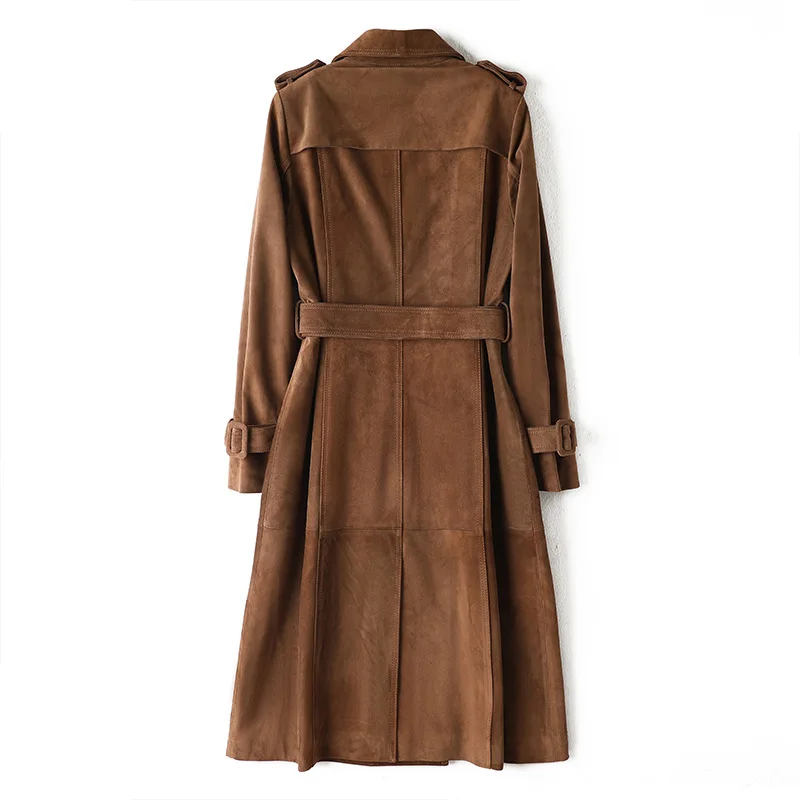 Manteau Vintage en Cuir de Vache group pour Femme, Vêtement d'Extérieur, Première Couche, Givré, Classique, Double Poitrine, Ceinture Longue