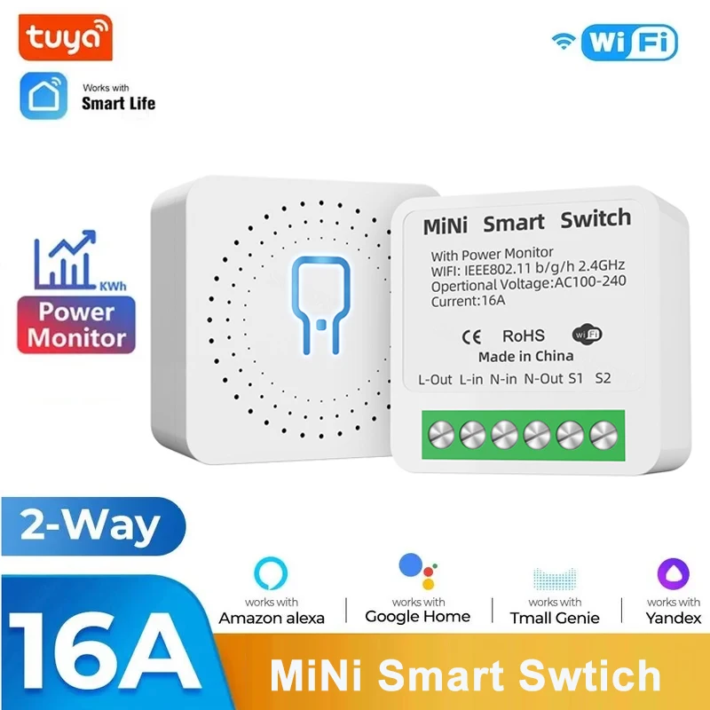 Tuya WiFi Smart Switch Module 16A Cassette Dual Control Power Monitor Voice Timed Temote Control For Turning On-Off Lights