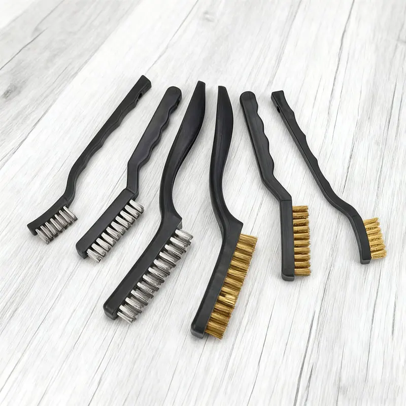 

2 шт. мини-проволочные щетки для чистки автомобилей, сварочный шлак и ржавчина, набор латунных щеток из нержавеющей стали с изогнутой ручкой, щетка для царапин