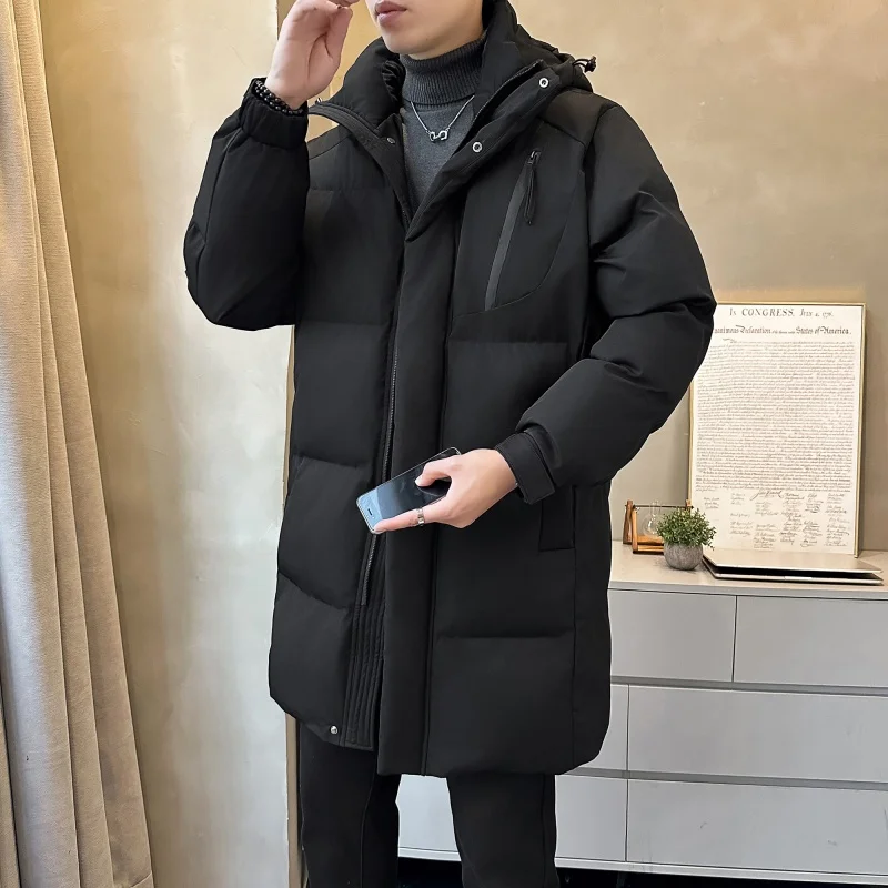 

Korean Sle Men's Mid-Length Cotton Jaet Hooded Winter Thi Warm Casual Versatile Trendy Slim Fit Outerwear Coat